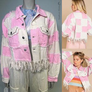 Designer pink boho chic cropped fringe edge jean jacket.